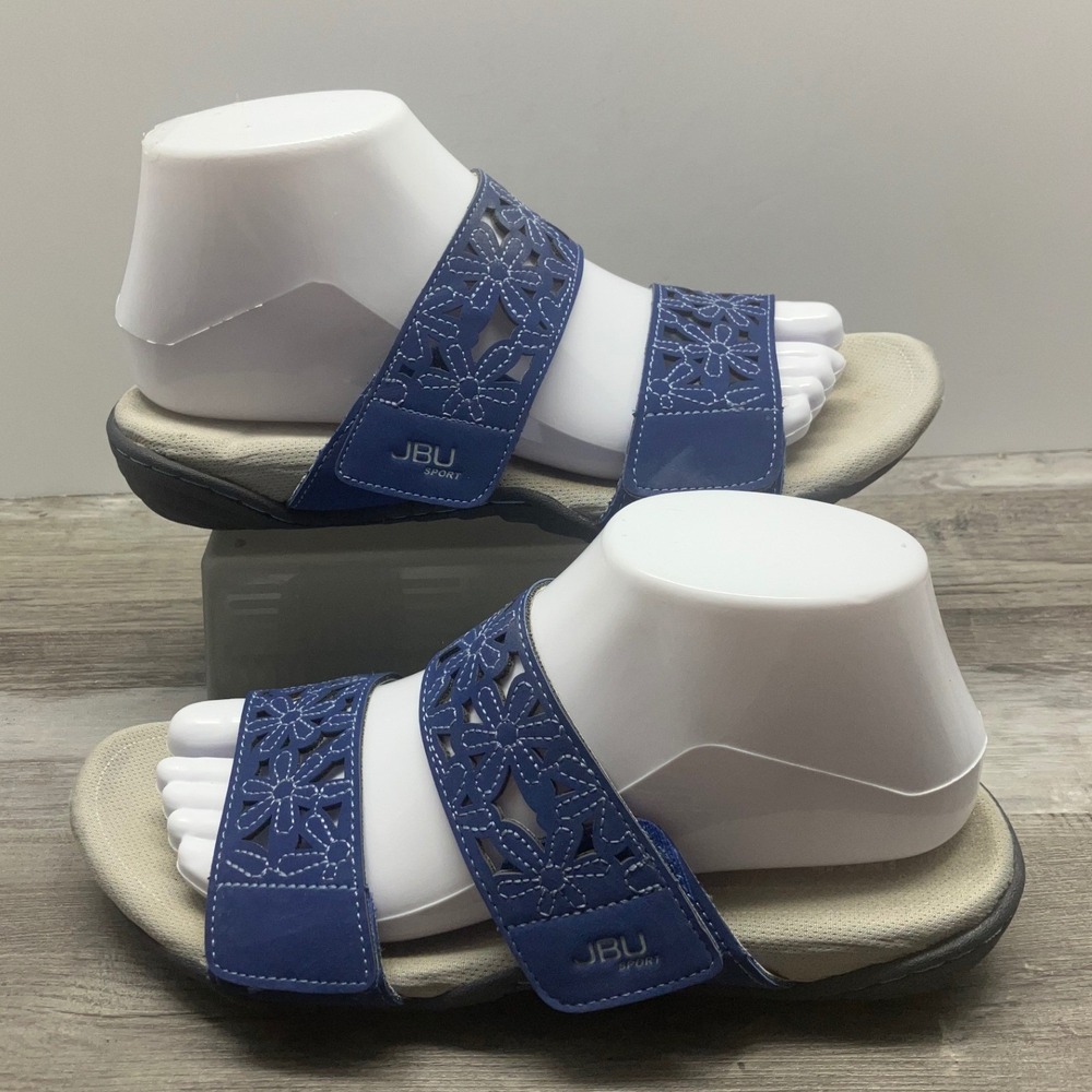 JBU Sport Jambu Womens Blue Floral Laser Cut Slide Sandals Memory Foam Size 8M